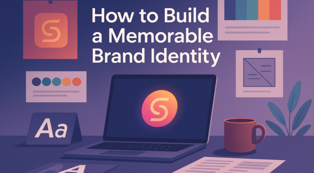 Workspace with laptop, logo, color palette, and typography samples representing how to build a memorable brand identity.