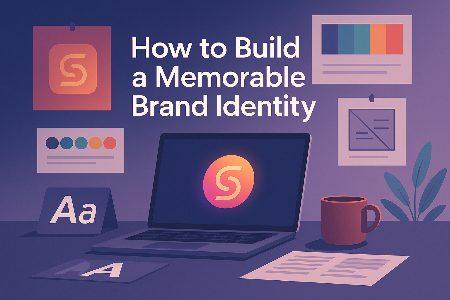 Workspace with laptop, logo, color palette, and typography samples representing how to build a memorable brand identity.
