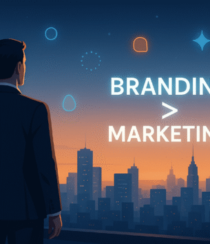 Branding vs Marketing infographic showing branding as identity and marketing as promotion, highlighting branding importance 2025.