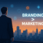 Branding vs Marketing infographic showing branding as identity and marketing as promotion, highlighting branding importance 2025.